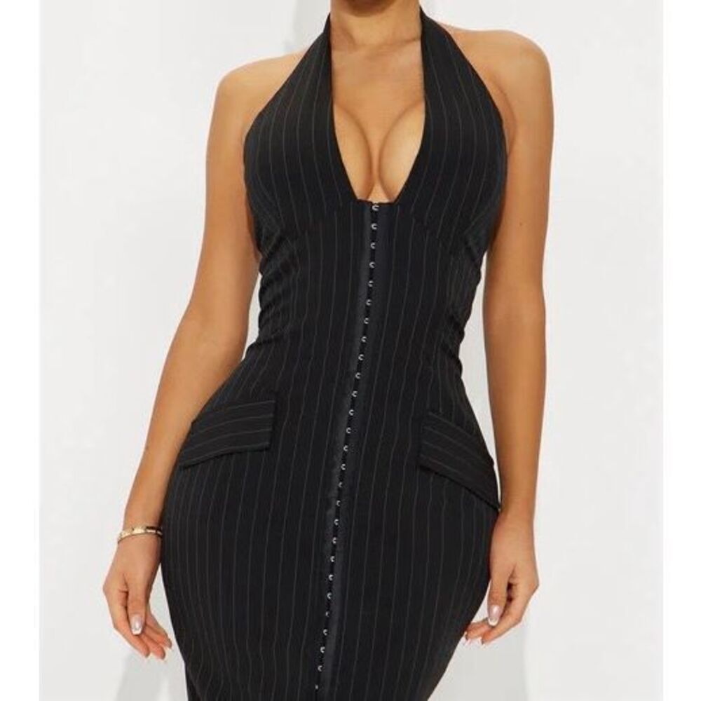 Pinstripe Halter Midi Dress - Black